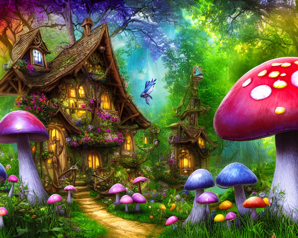 Whimsical enchanted forest with mushroom house and vibrant flora