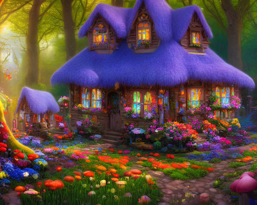 Enchanted forest cottage with purple thatch and glowing windows