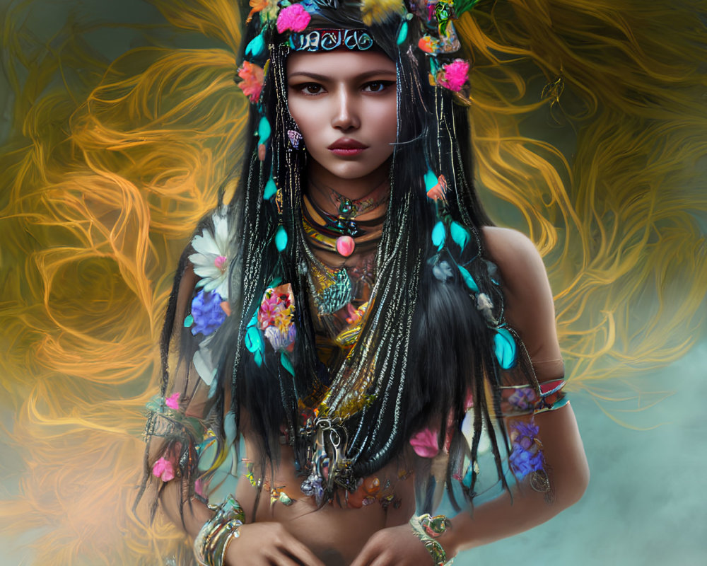 Vibrant digital art portrait of a woman with blue eyes, dark hair, flowers, feathers,