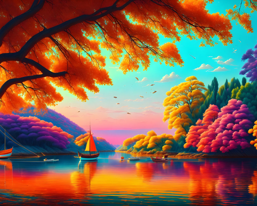 Colorful Trees Reflecting on Water with Sailboats and Birds in Sunset-lit Sky