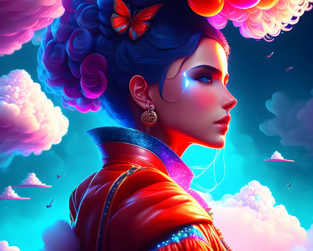 Colorful illustration: Woman with blue hair and butterfly in vibrant setting