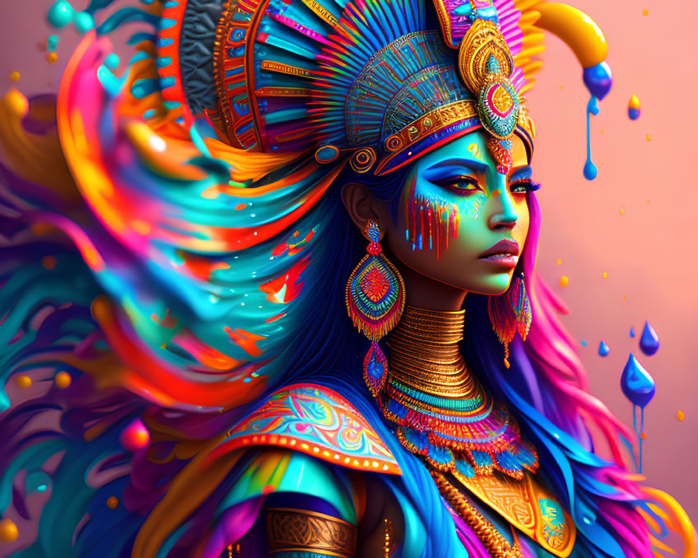 Colorful woman portrait with intricate face paint and headdress on warm backdrop