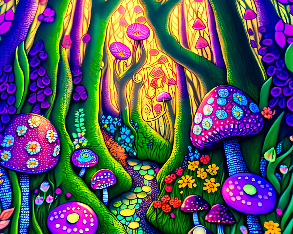 Colorful psychedelic forest illustration with whimsical trees and mushrooms