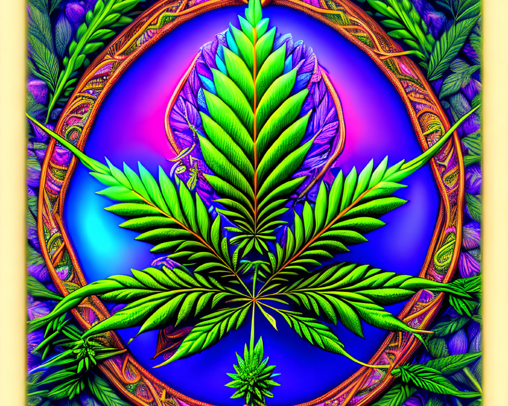 Colorful Psychedelic Cannabis Leaf Mandala Artwork on Gradient Background