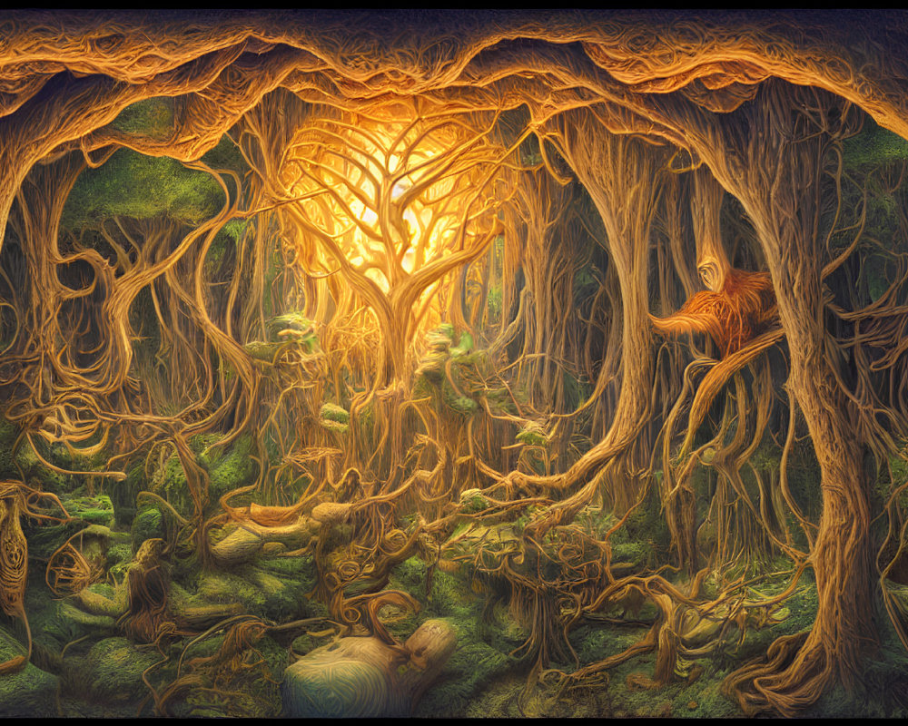 Enchanting forest scene with golden light, intertwining trees, and orangutan.