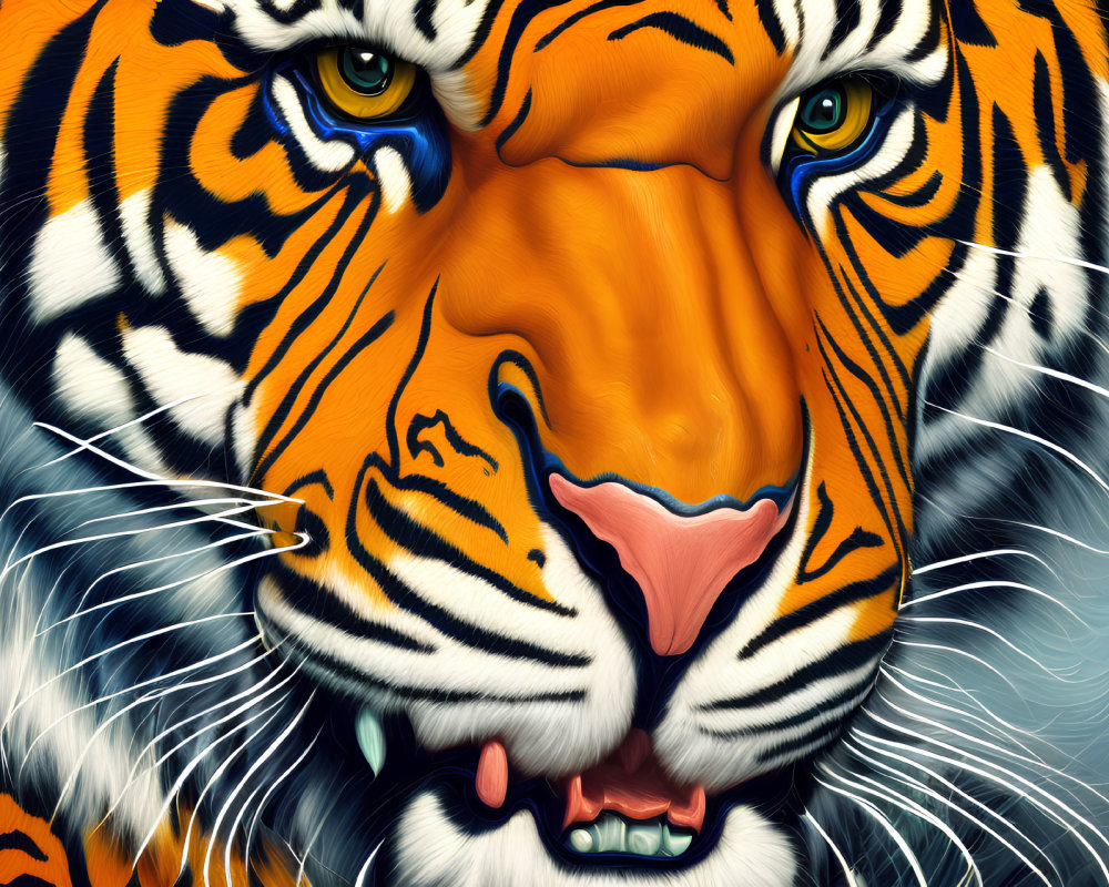 Vibrant digital art: Tiger face with intense blue eyes & detailed fur patterns