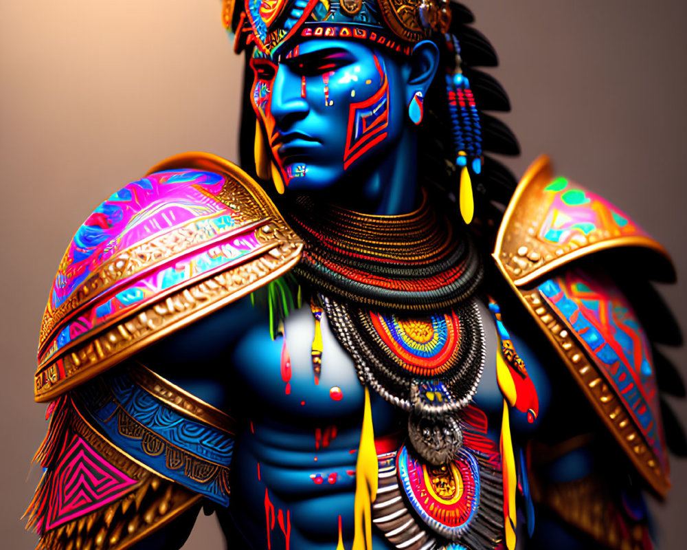 Vibrant digital artwork of character in tribal armor & feathers