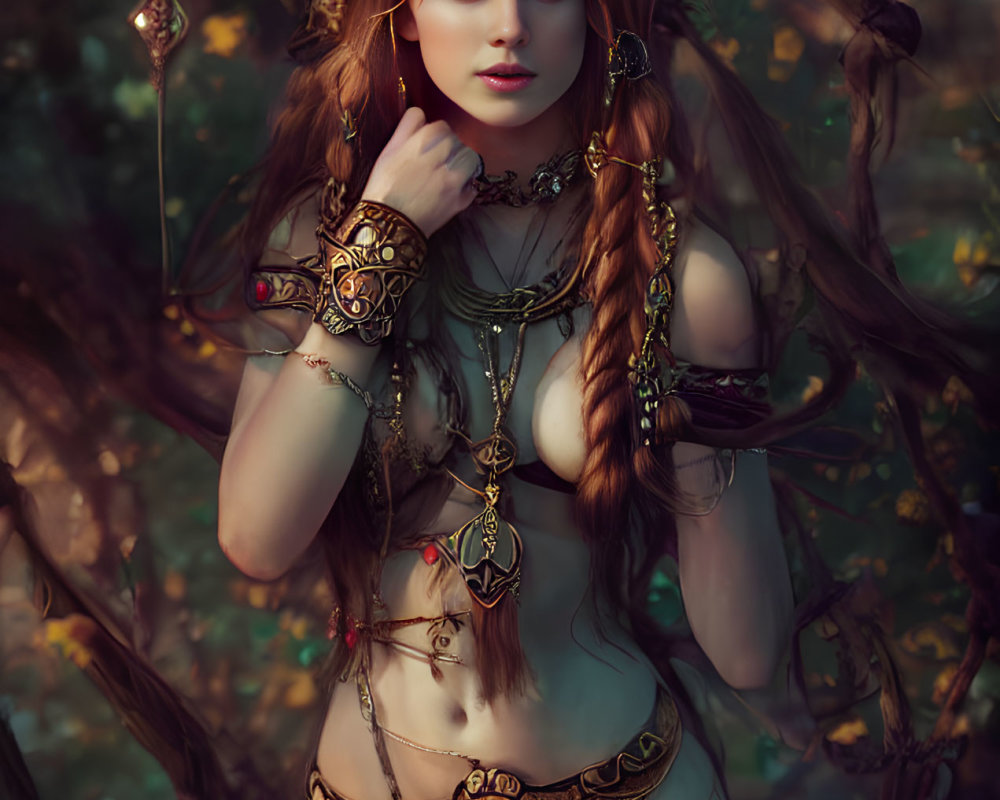 Elaborate fantasy tribal attire woman in mystical forest