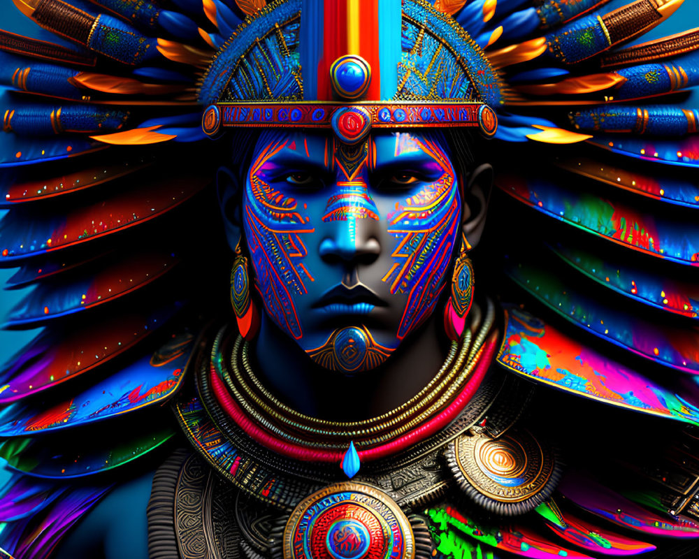 Colorful digital artwork: Figure with traditional headdress and intricate details