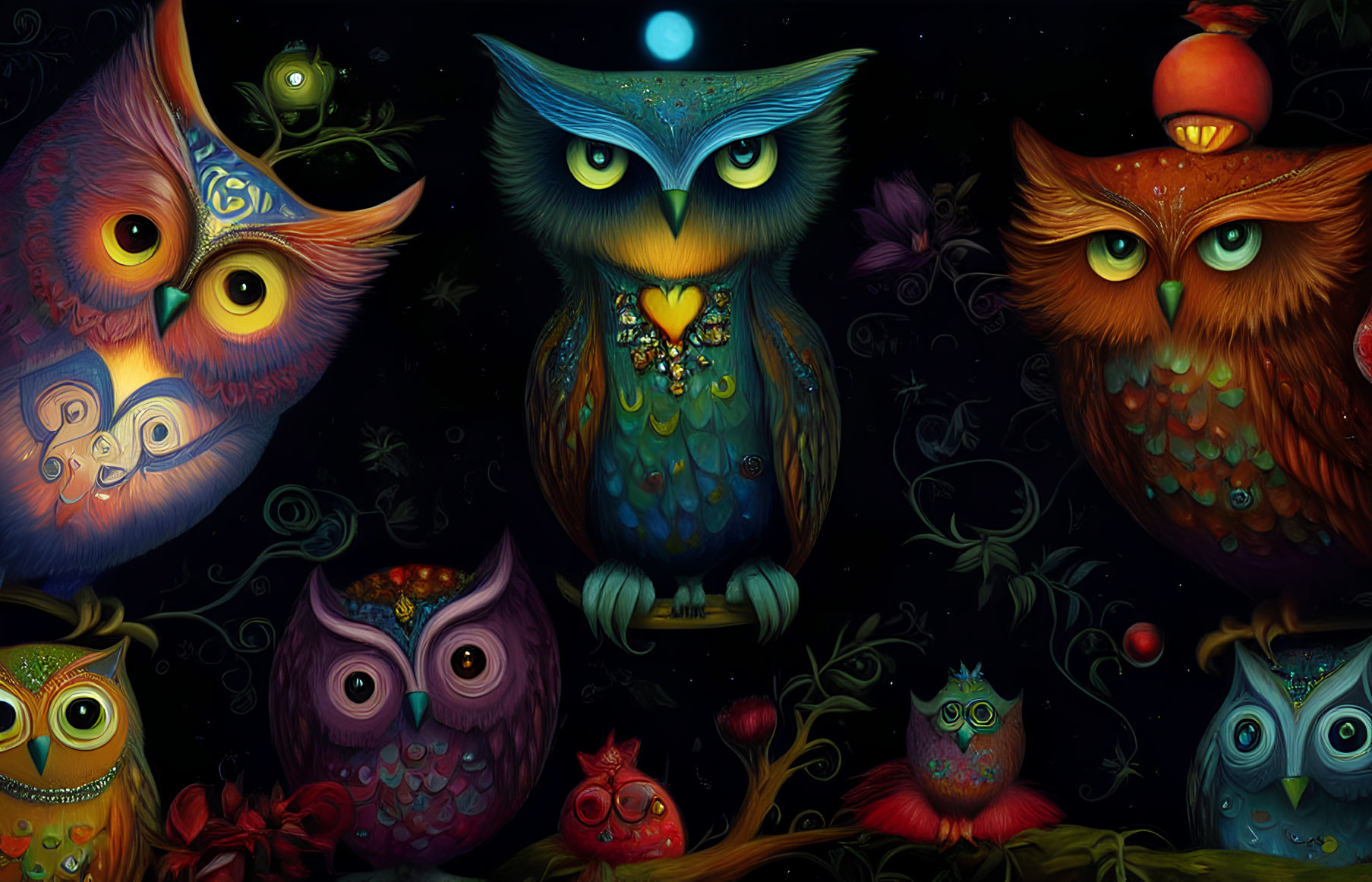 Vibrant owl illustration with intricate feather patterns and whimsical setting