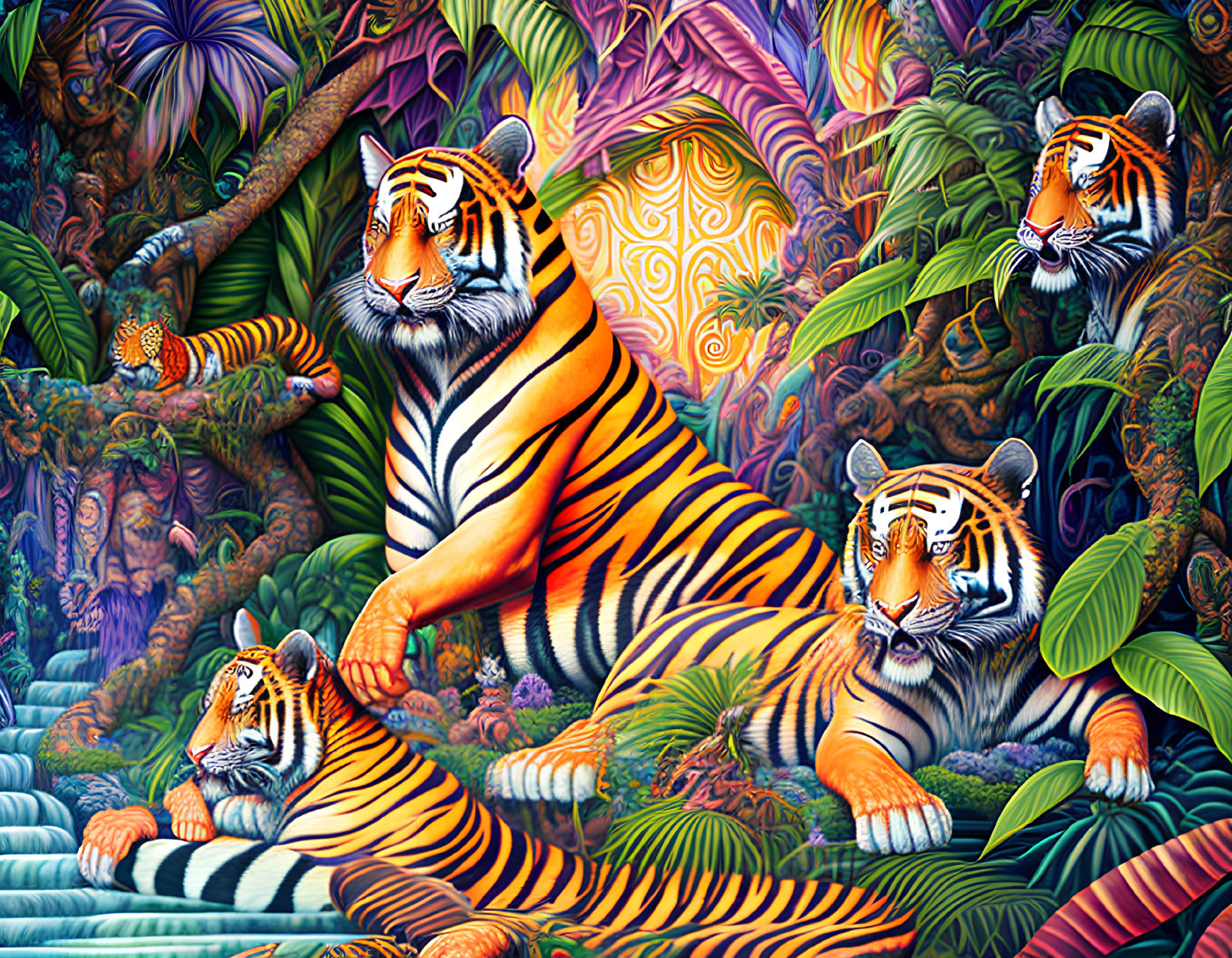 Colorful Tigers Resting Among Psychedelic Jungle Foliage