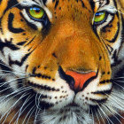 Vibrant digital art: Tiger face with intense blue eyes & detailed fur patterns