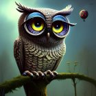 Stylized illustration of two owls on branch, one with large eyes