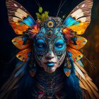 Colorful woman with rainbow feather headdress and glowing tears on dark background