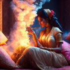 Traditional Indian Attire Woman Smoking Hookah in Luxurious Room