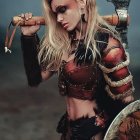 Blonde fantasy warrior woman with floral crown, sword, shield