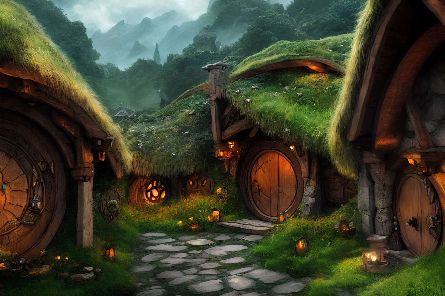 Fantasy landscape: Cozy hobbit-like houses in lush green setting at dusk
