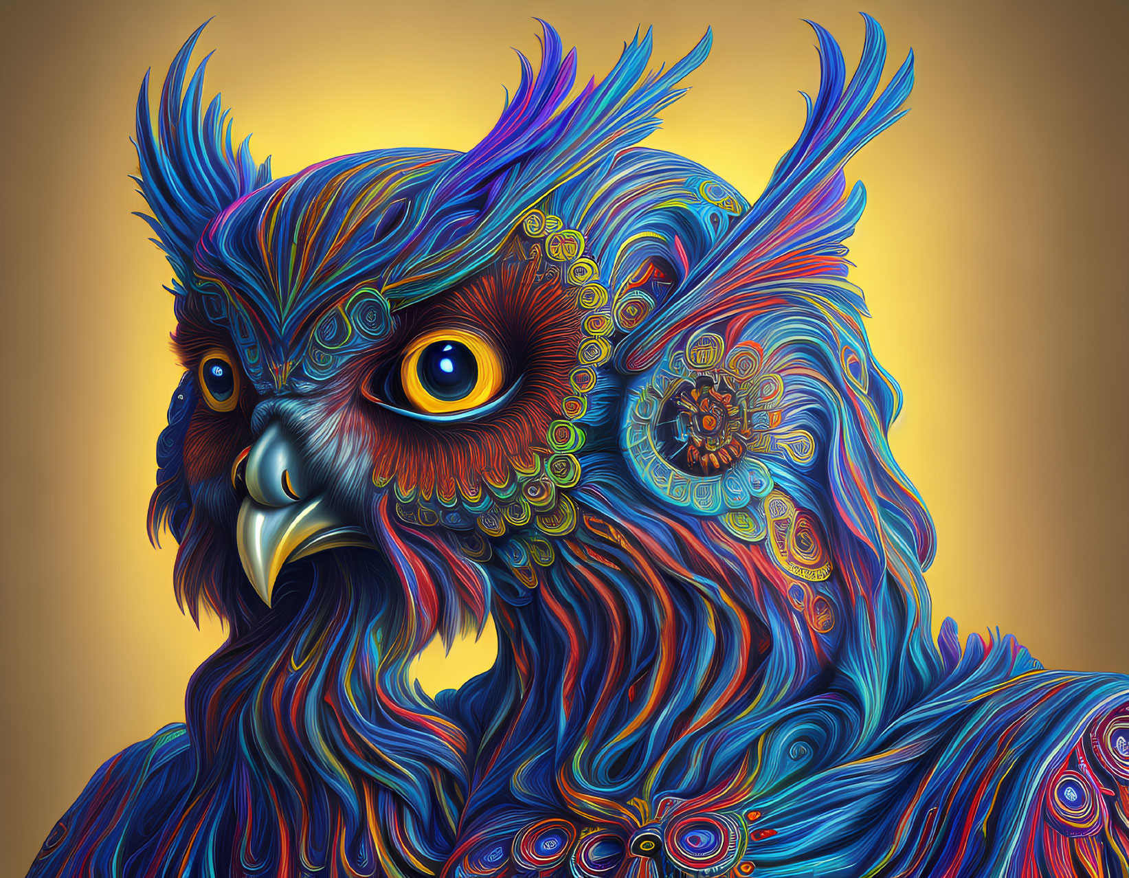 Colorful Owl Artwork with Mandala Motifs on Golden Background