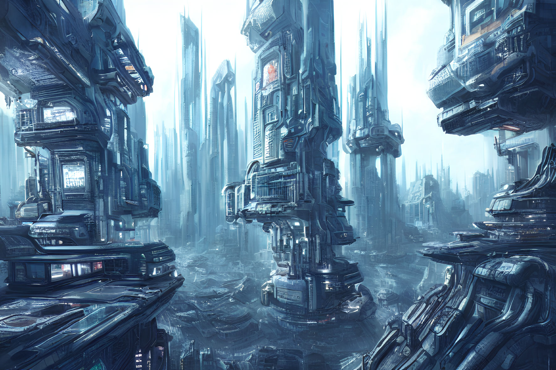Futuristic cityscape with towering skyscrapers and advanced structures