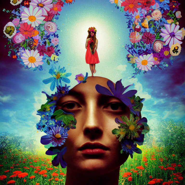 Giant face with floral wreath and small figure in surreal landscape