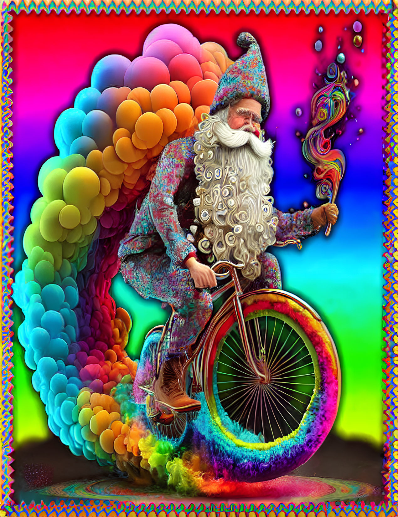 Whimsical wizard on bicycle with rainbow smoke and bubbles