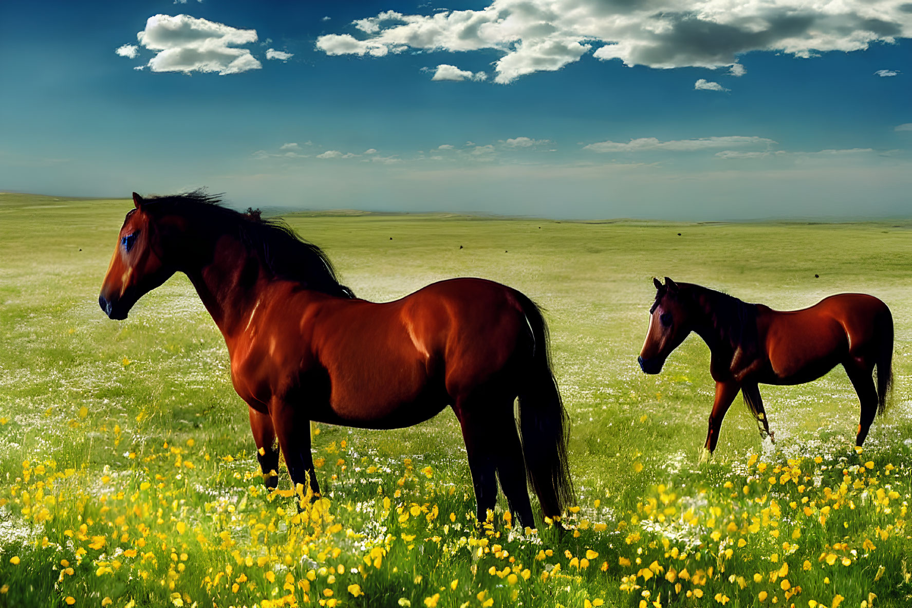 Two horses in green field with yellow flowers under blue sky and scattered clouds