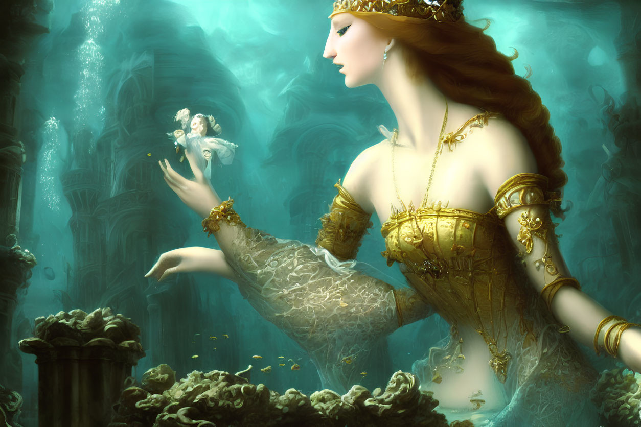 Regal queen in gold-trimmed gown with fairy in ethereal underwater scene