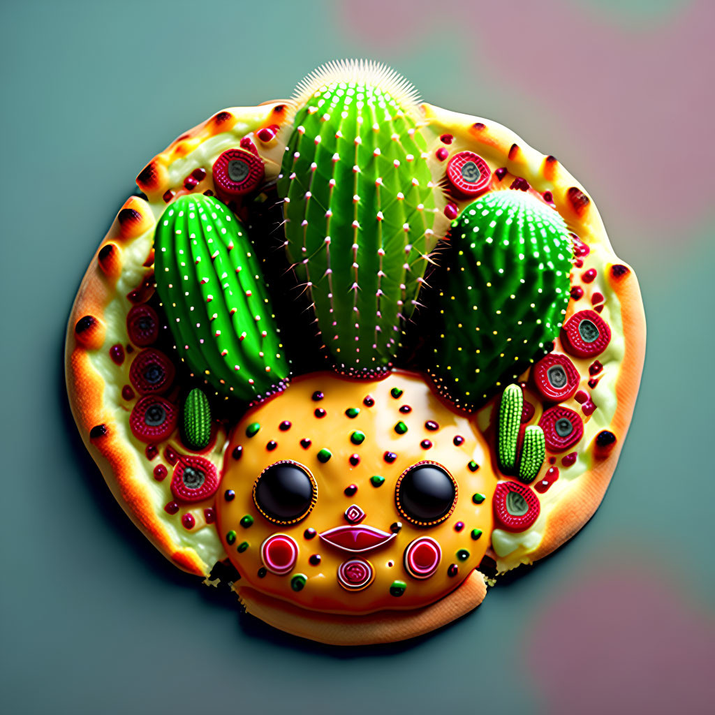 Surreal pizza art with cactus plants and vibrant patterns