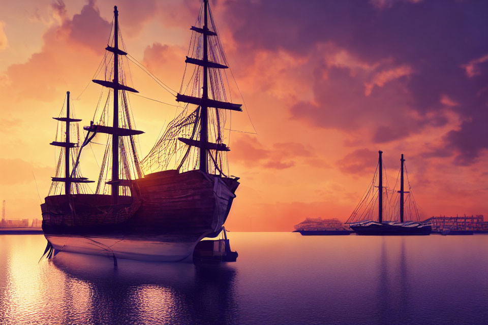 Tall ships at sunset on tranquil waters