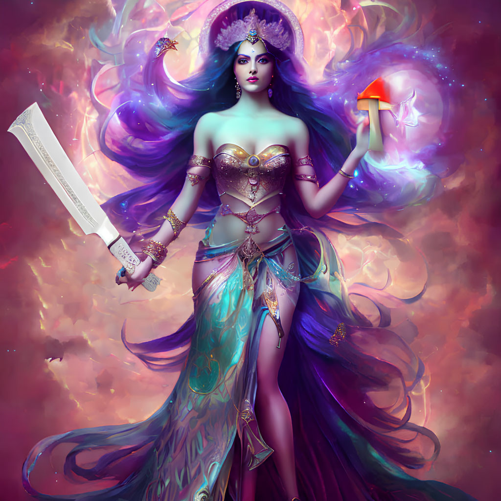 Fantastical illustration of woman with dark hair, sword, chalice, purple and gold attire,