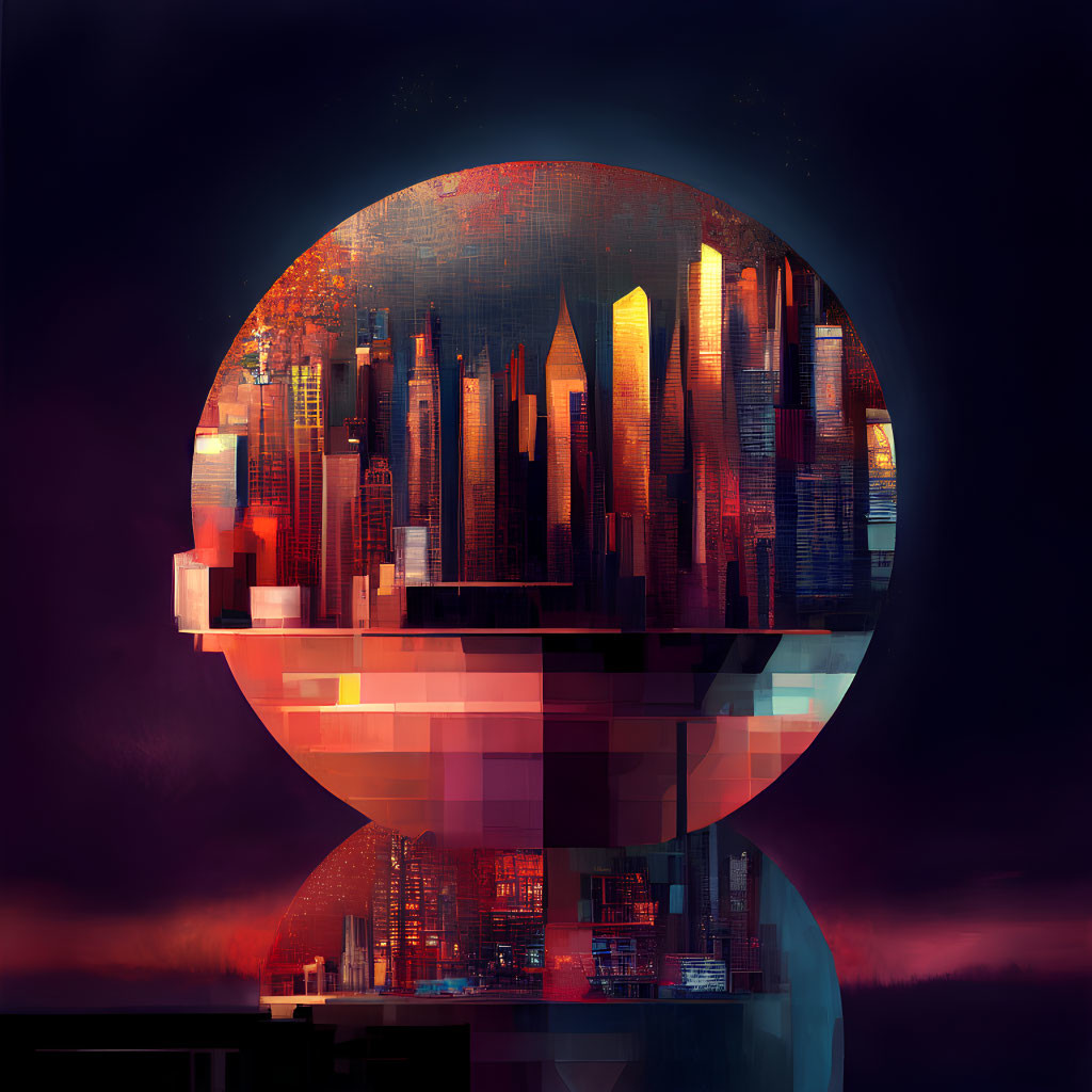 Futuristic cityscape in circular frame with illuminated skyscrapers against twilight sky