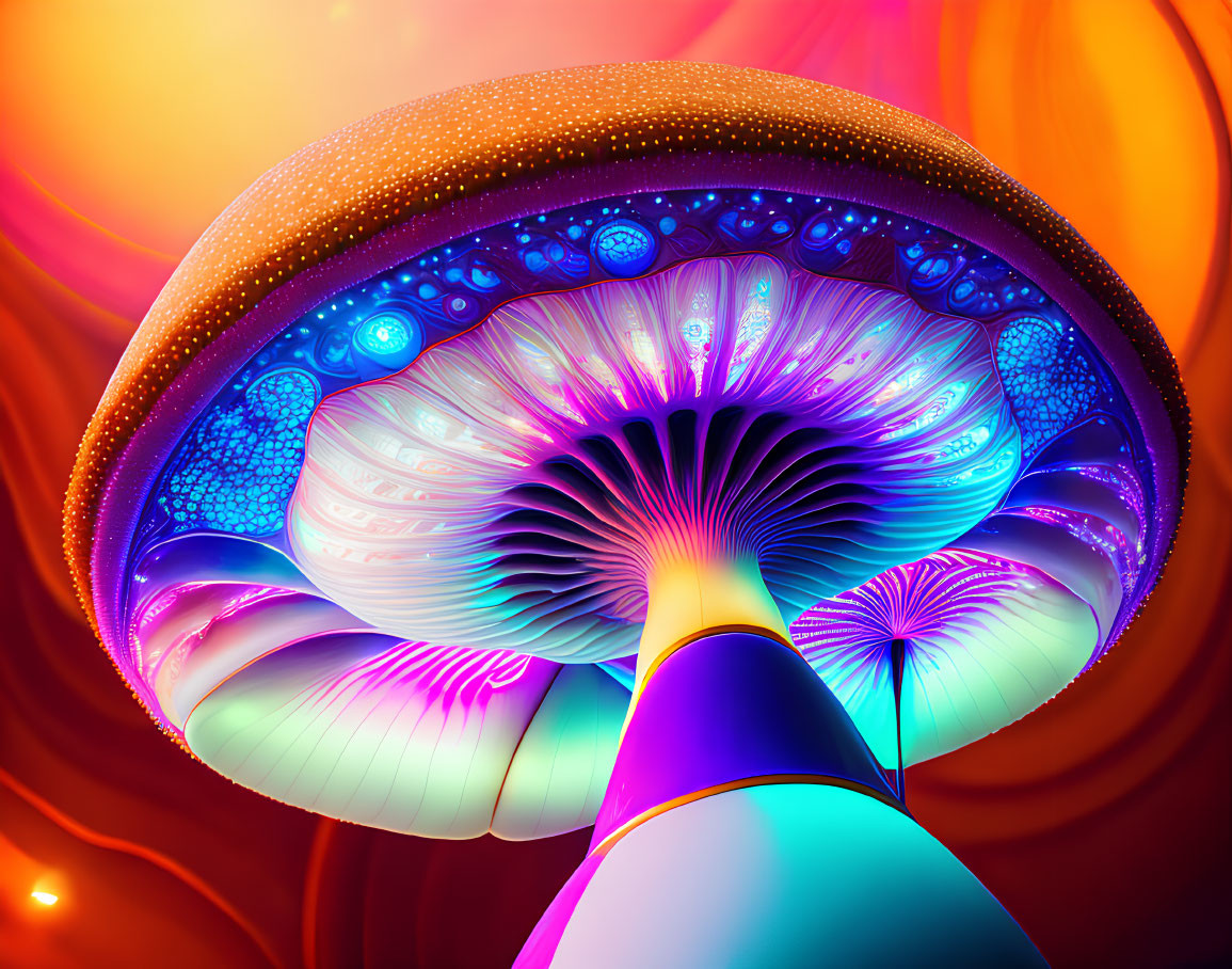 Colorful digital illustration of glowing blue underside mushroom on textured cap against sunlit backdrop
