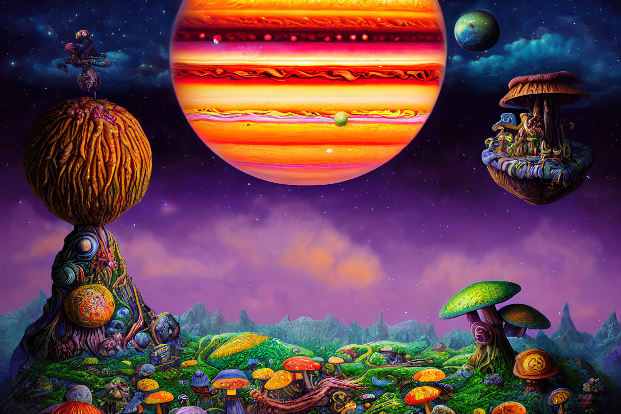 Colorful psychedelic landscape with mushroom structures, planet, and spaceman.
