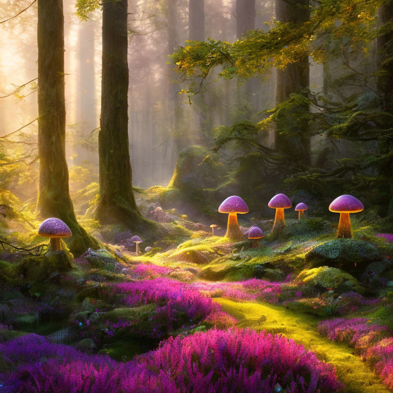 Enchanted forest with giant luminescent mushrooms and vibrant purple flora