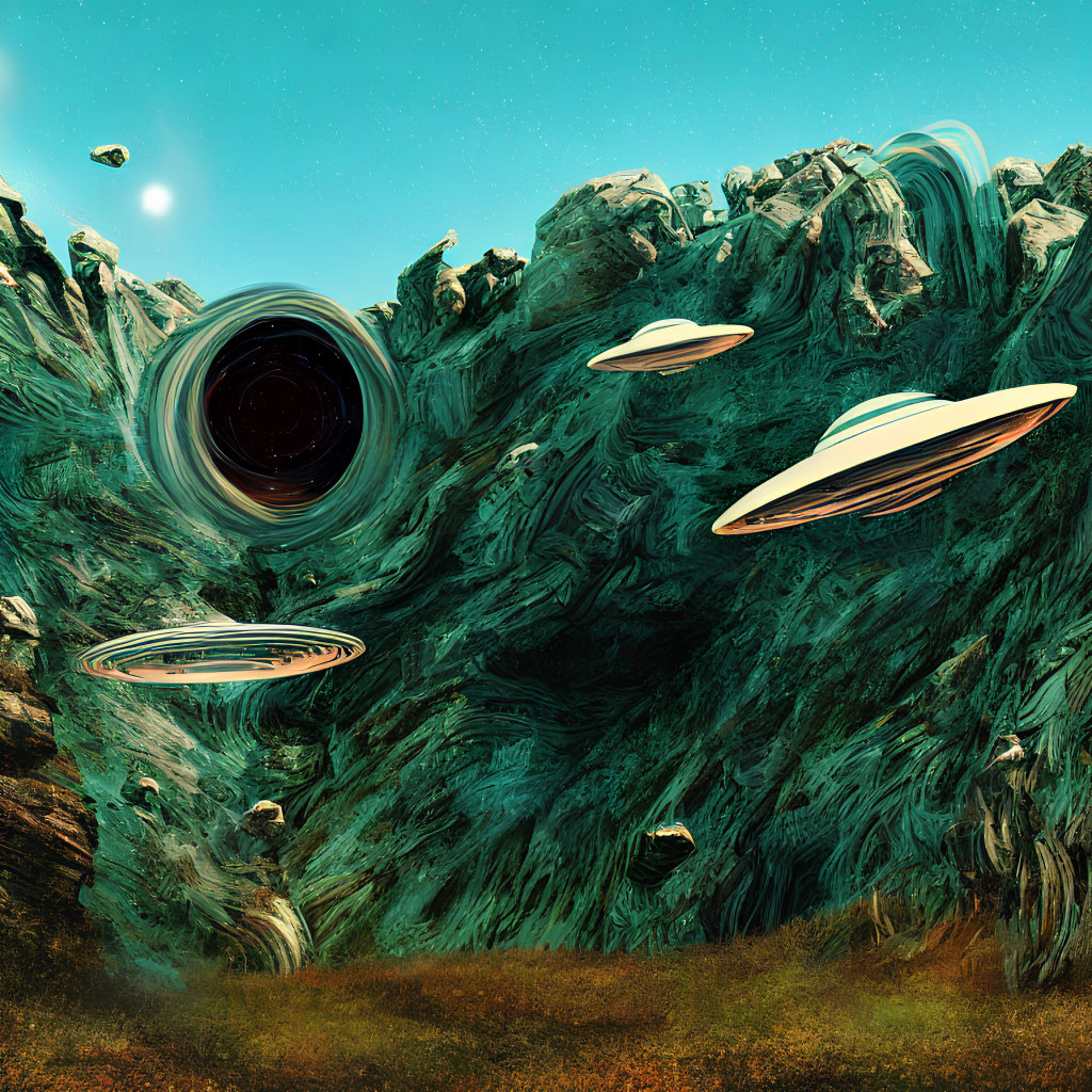 Surreal landscape with green rock formations, flying saucers, and black hole