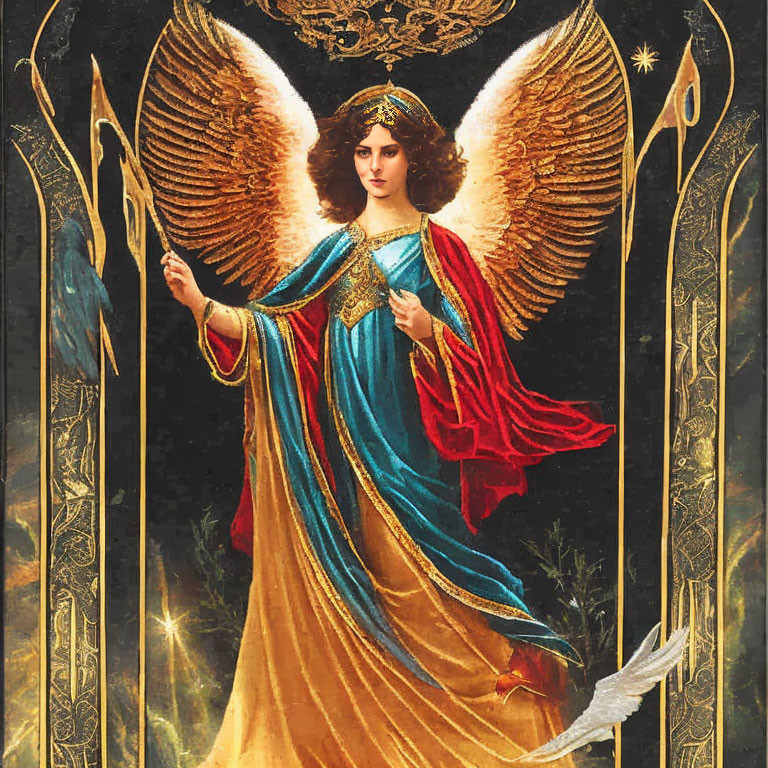 Detailed angelic figure with sword and wings in golden, blue, and red robe against starry backdrop