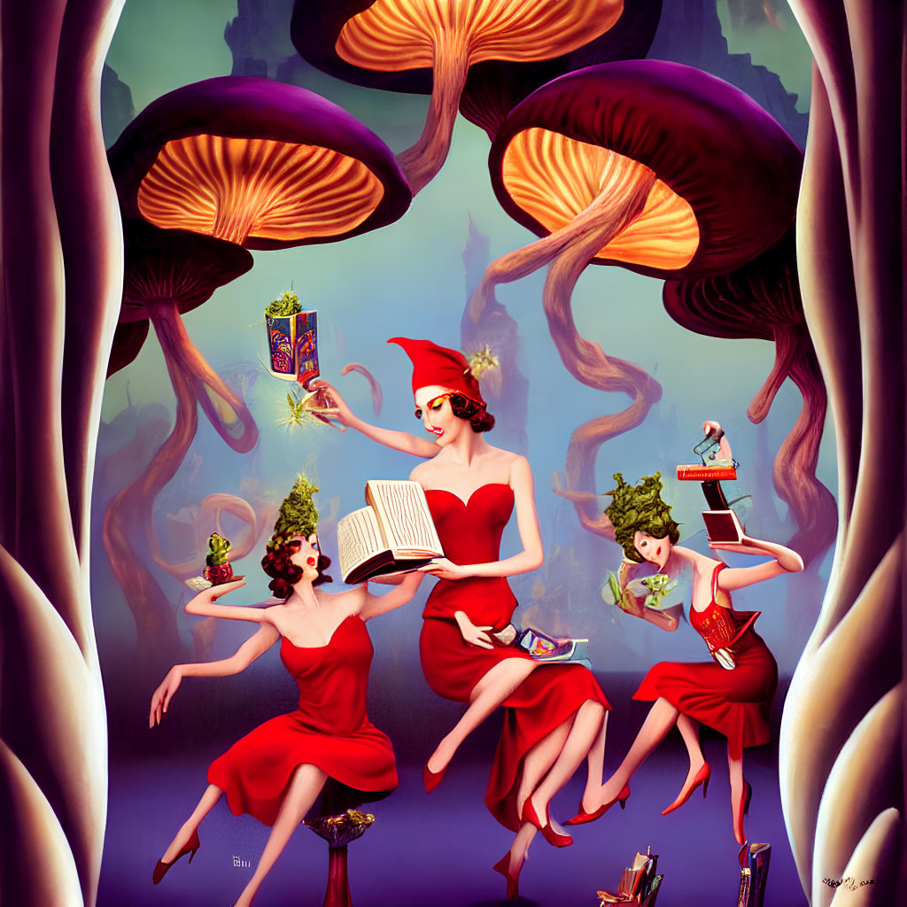 Three women in red dresses with tree-like hair, accompanied by floating jellyfish and unique accessories.