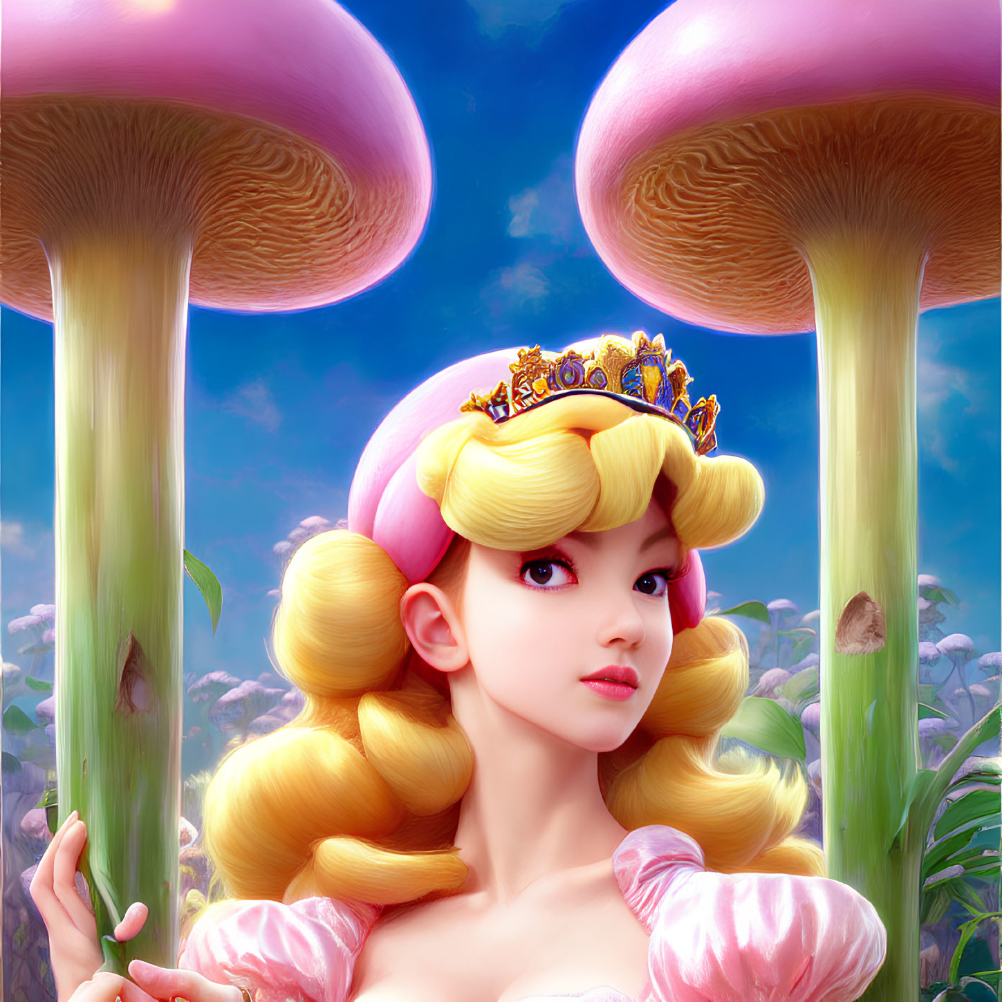 Stylized Princess Peach illustration with whimsical mushrooms and blue sky