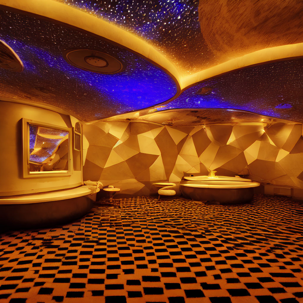 Luxurious Interior with Starlit Ceiling, Geometric Walls, and Round Window