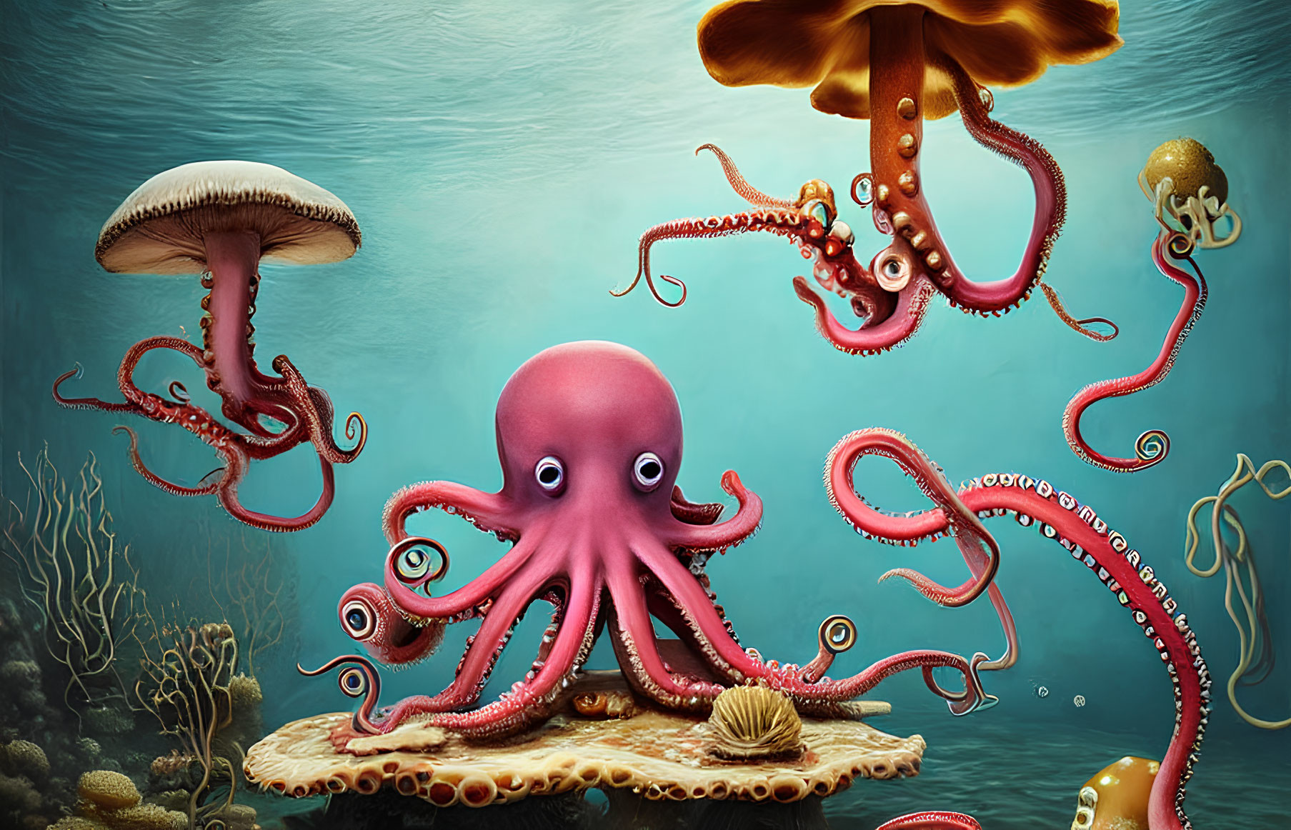 Colorful Cartoon Underwater Scene with Pink Octopus, Jellyfish, and Sea Plants