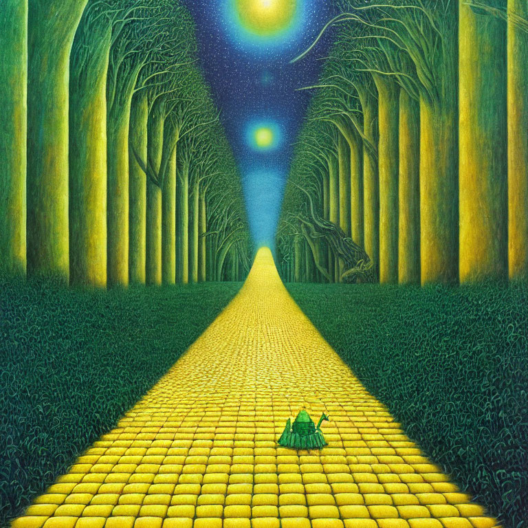 Colorful Yellow Brick Road in Mystical Forest with Figure