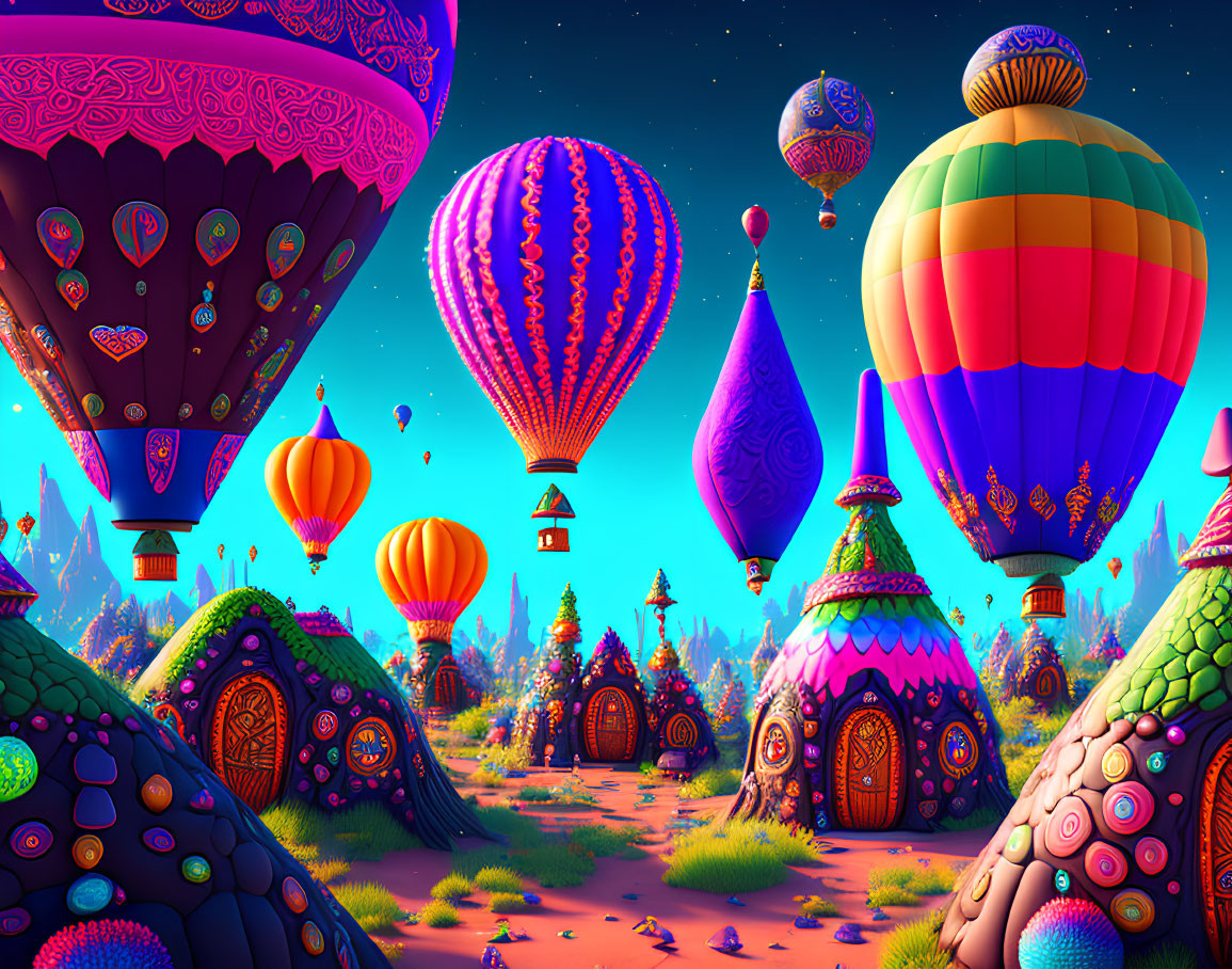 Vibrant hot air balloons over whimsical fantasy landscape