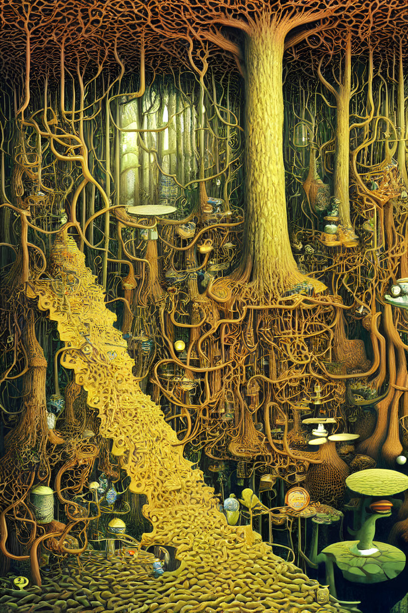 Detailed surreal forest scene with golden staircase, twisted trees, and floating teacups.