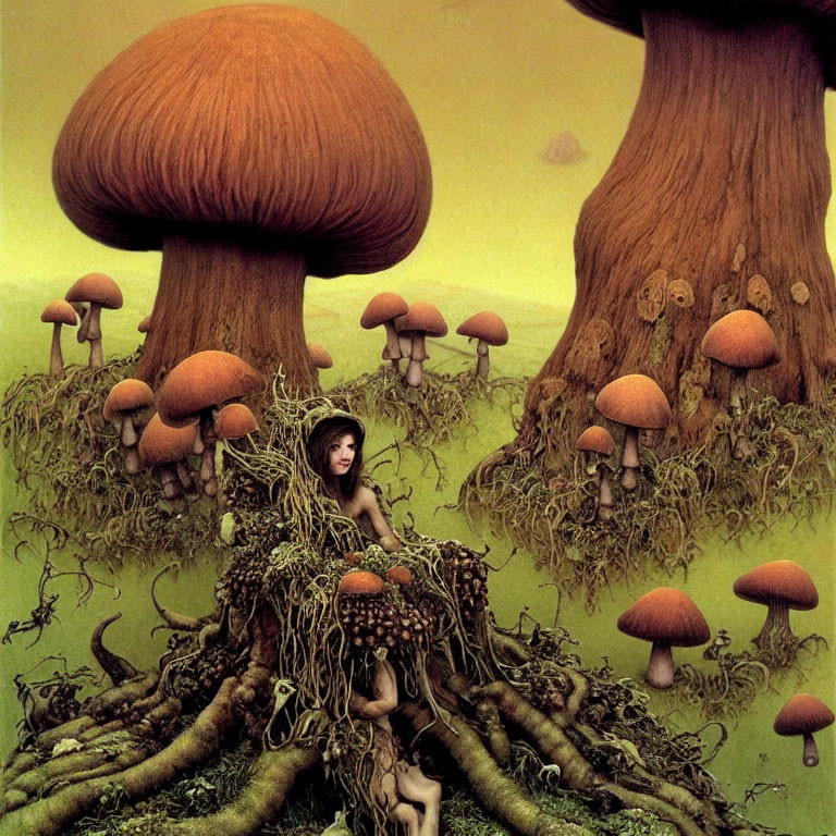 Surreal landscape featuring oversized mushrooms and person merged with forest floor