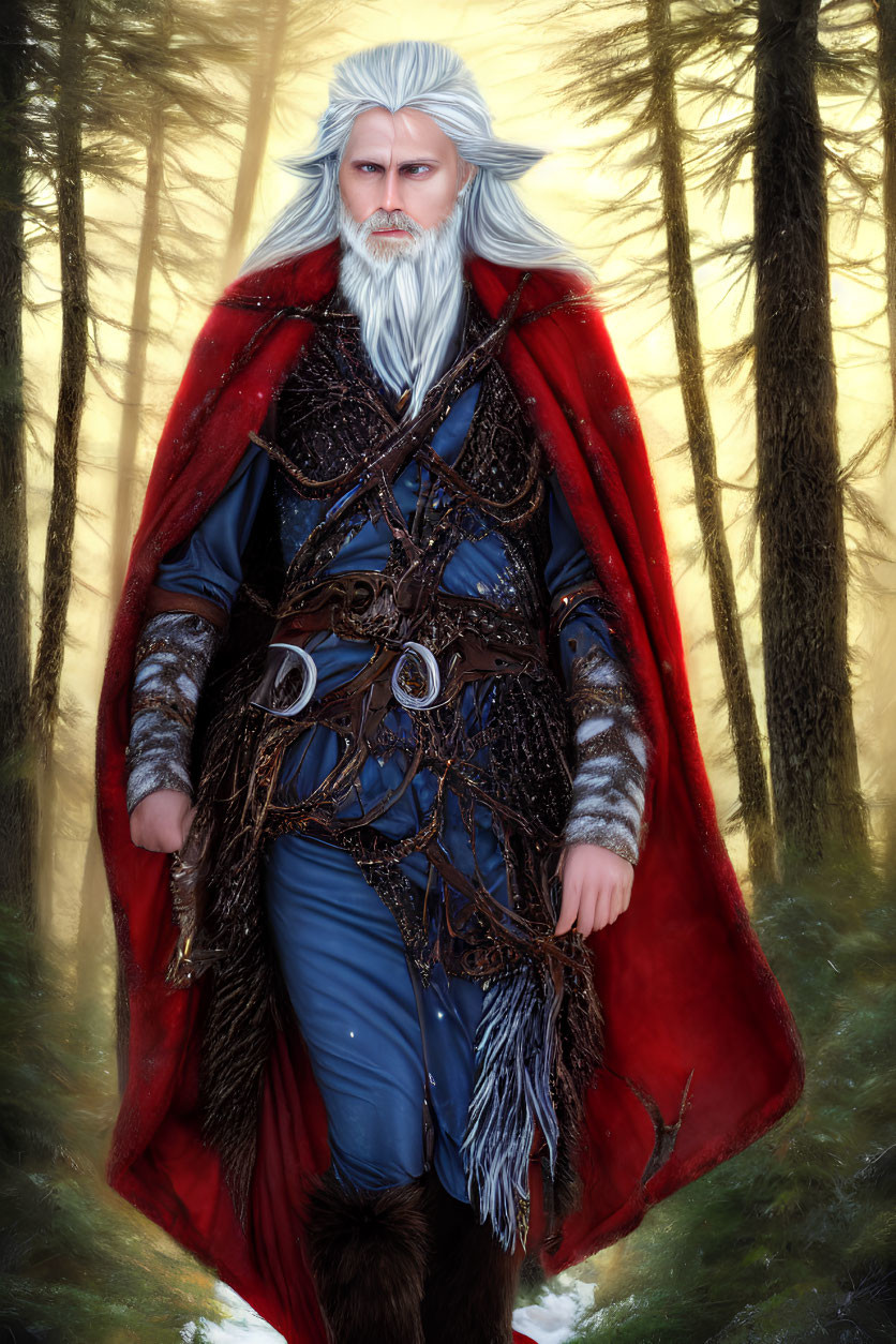 Majestic bearded fantasy character in red cloak and blue armor in sunlit forest