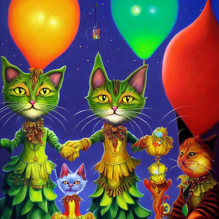 Anthropomorphic Cats in Fancy Attire Holding Hands Under Colorful Balloons