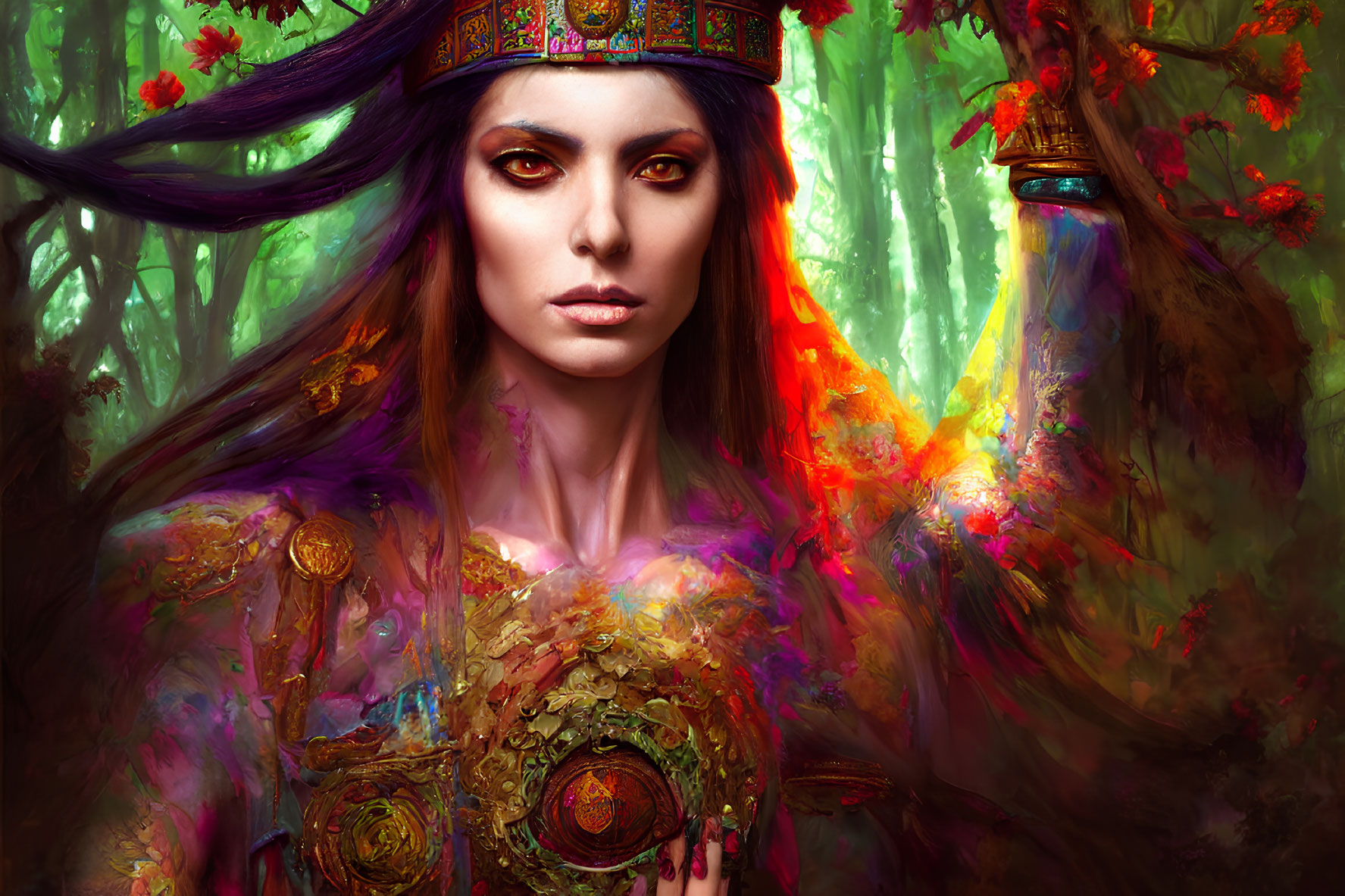 Fantasy portrait of woman with elaborate headdress in vibrant forest.
