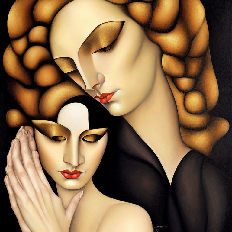 Stylized figures with golden masks and red lips embracing on black backdrop