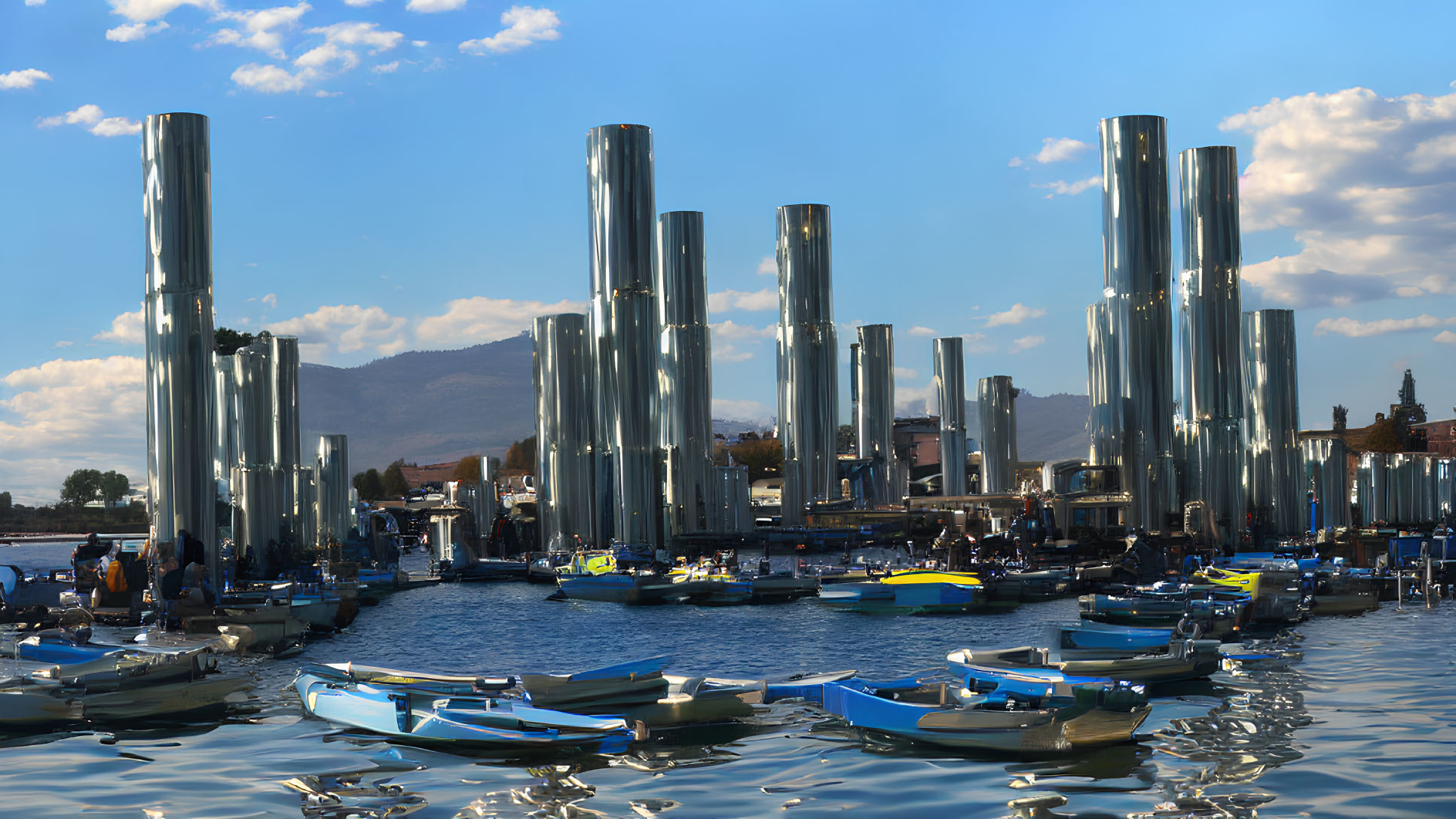 Tall Reflective Cylindrical Sculptures in Marina Scene