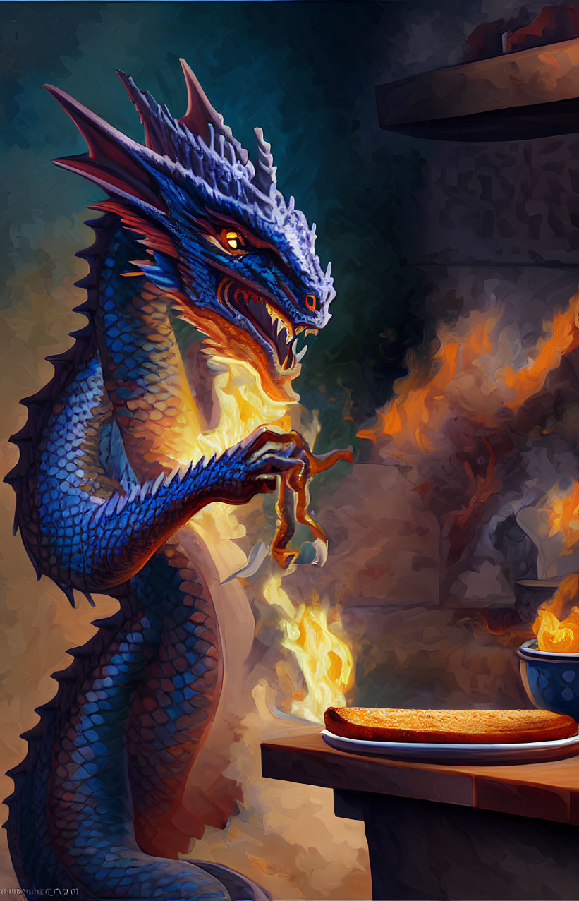 Detailed illustration of a fierce blue dragon cooking with fire-breath